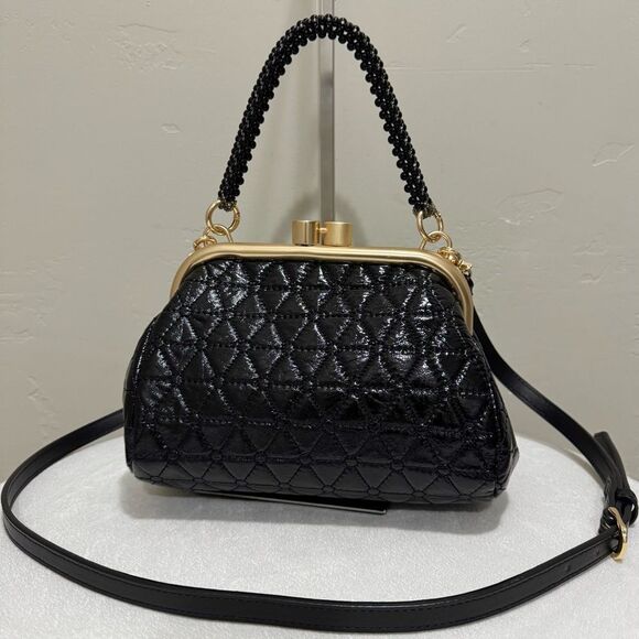 Black Quilted Genuine Patent Leather Handmade Kisslock Purse, 3 Strap Styles - Picture 1 of 14